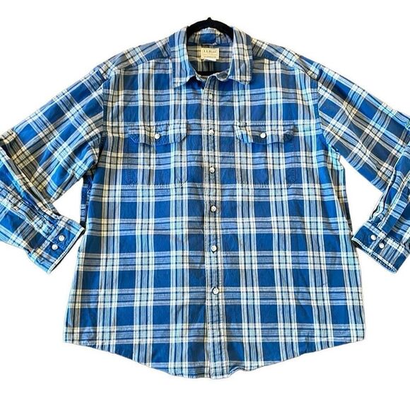 L.L. Bean blue plaid traditional fit checkered button down XL - Picture 1 of 11